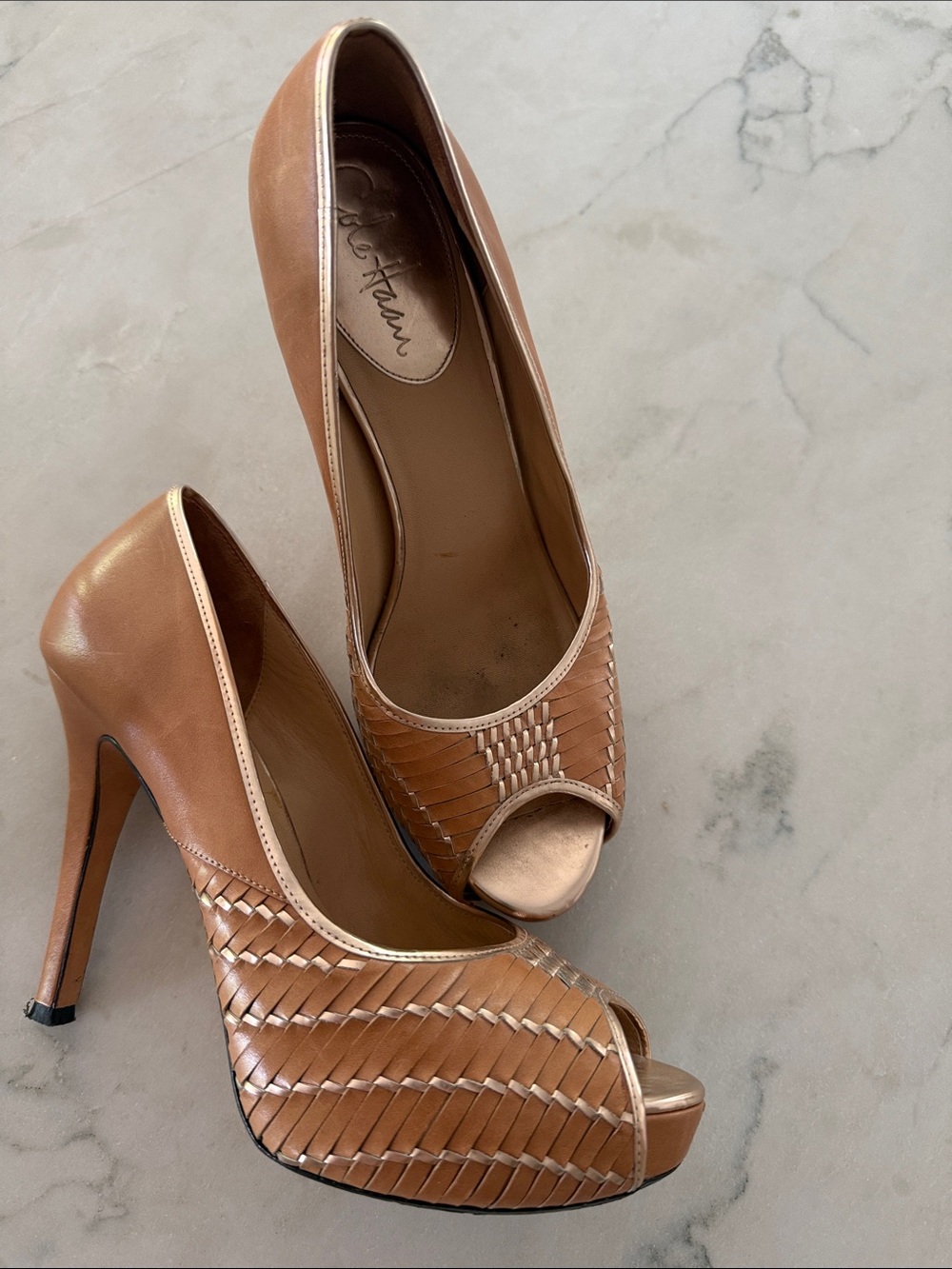 Cole Haan Nike collab Tan Woven Peep-Toe Leather Heels 9B